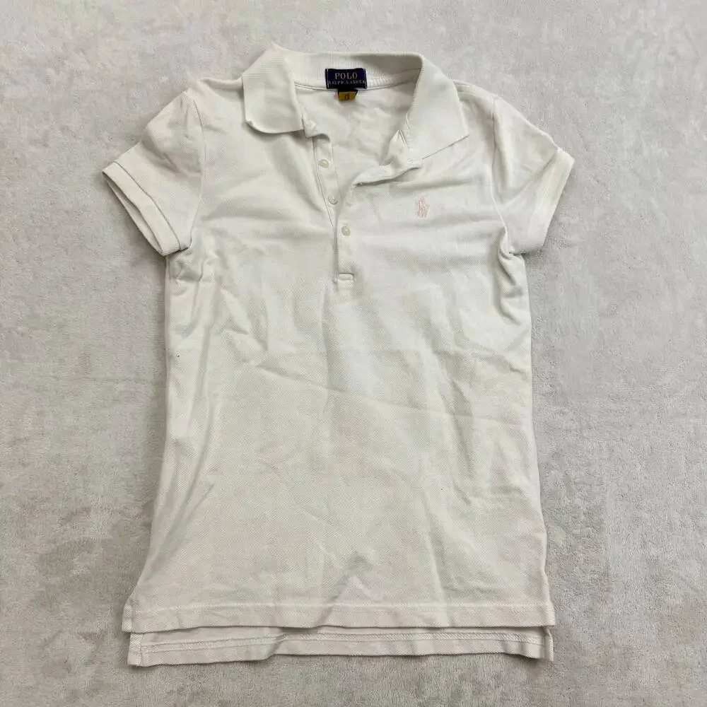 Ralph Lauren Girls White Polo Shirt Size M (8-10) Short Sleeve Cotton Pique Logo